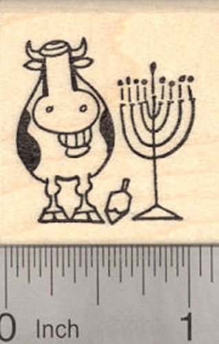 Hanukkah Grinning Cow with Menorah and Dreidel Rubber Stamp, Chanukah Festival of Lights