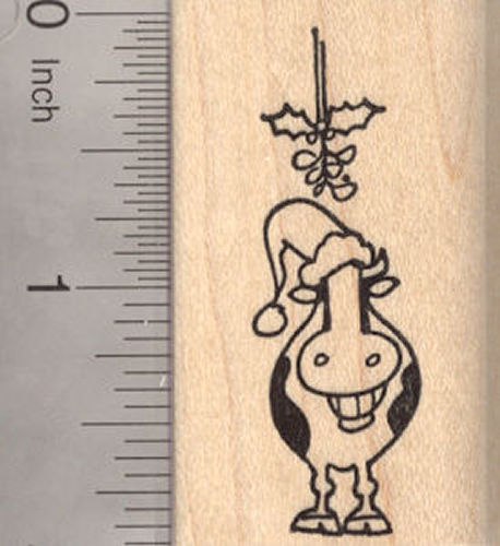 Christmas Grinning Cow with Mistletoe and Santa Hat Rubber Stamp