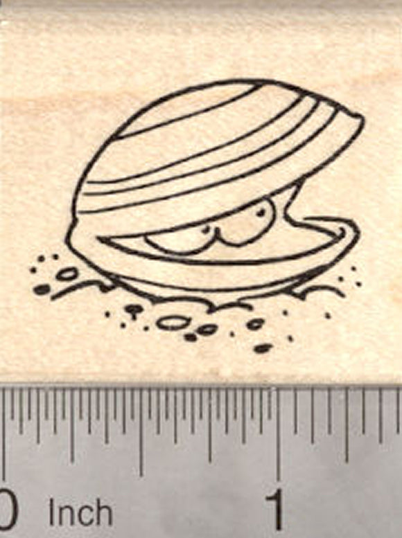 Cartoon Clam Rubber Stamp, Sea Mollusk with Eyes, Oyster