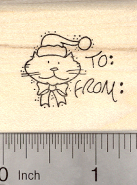 Cat Christmas Gift Tag Rubber Stamp, with Space for Names