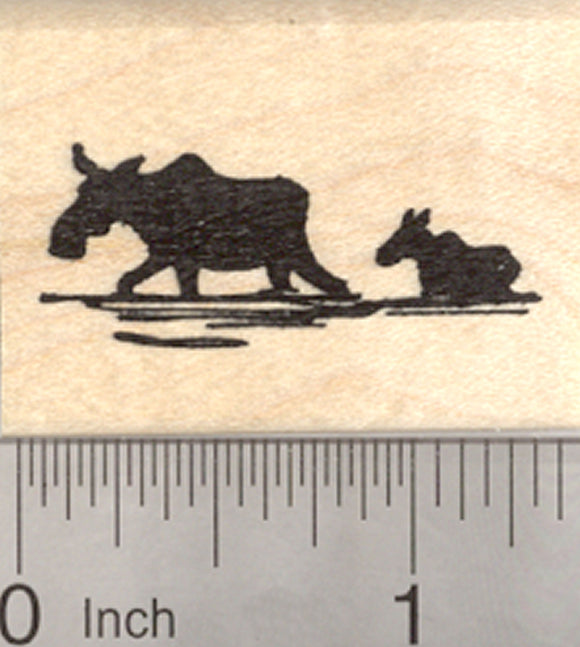 Moose Rubber Stamp, Female Cow and Baby Calf in Silhouette