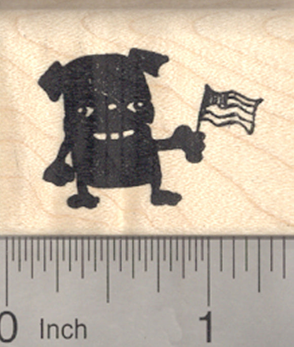 4th of July Pug Rubber Stamp, Black Dog with American Flag