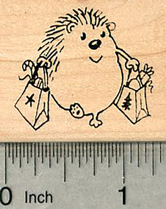 Christmas Shopping Hedgehog Rubber Stamp, with Holiday Gift Bags