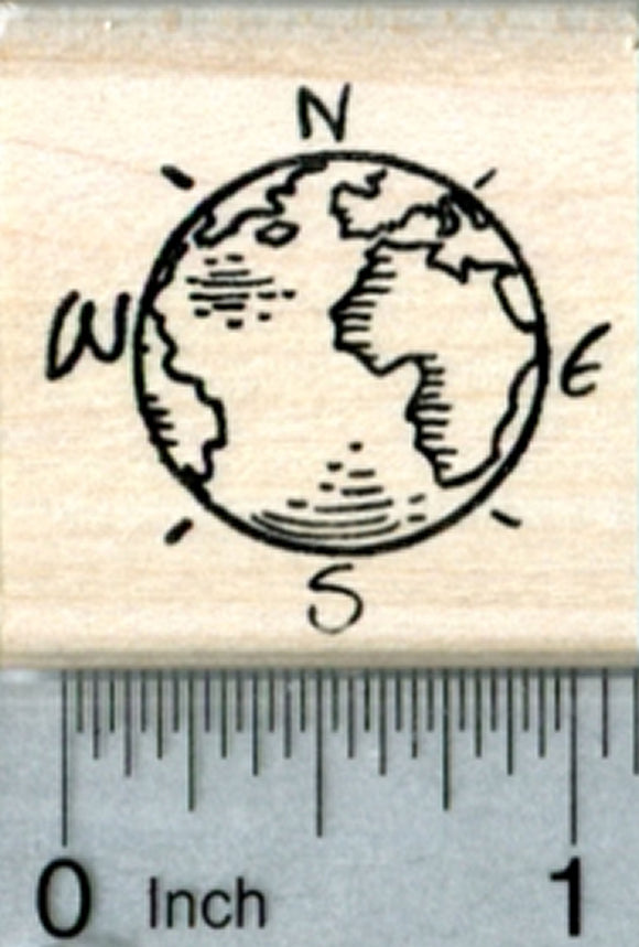 Globe Rubber Stamp, Marked with Cardinal Directions