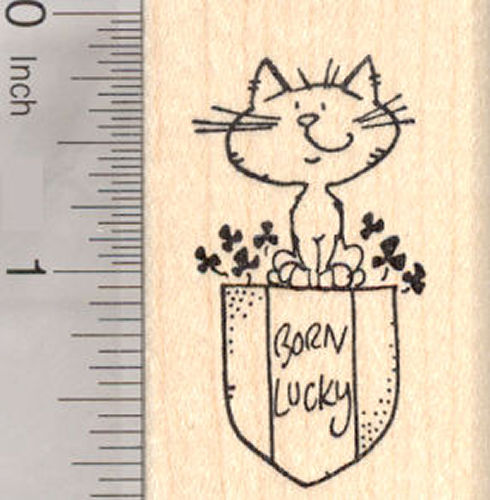 St. Patrick's Day Lucky Kitten Rubber Stamp, Cat with Shamrocks