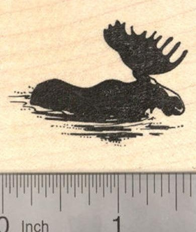 Bull Moose wading through water Rubber Stamp, Silhouette