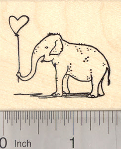 Valentine's Day Elephant Rubber Stamp, with Heart Balloon