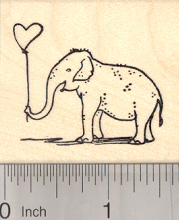 Valentine's Day Elephant Rubber Stamp, with Heart Balloon