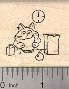 School Lunch Rubber Stamp, Cat eating Sandwich from a Sack