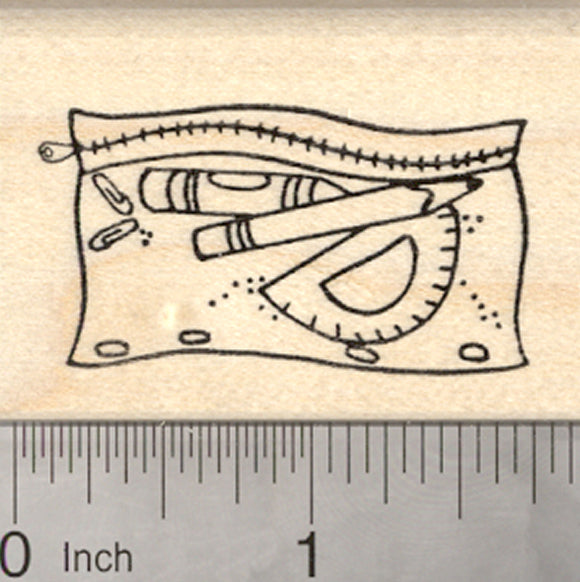 Pencil Pouch Rubber Stamp, with Protractor, and other School Supplies