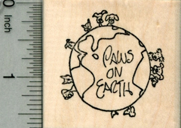 Paws on Earth Rubber Stamp, World Peace Pet Series, Dog, Cat