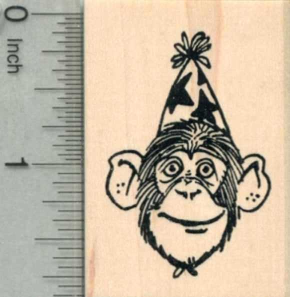Party Chimpanzee Rubber Stamp, Chimp in Birthday Hat