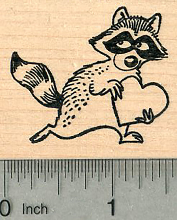 Valentines Day Raccoon Rubber Stamp, with Heart