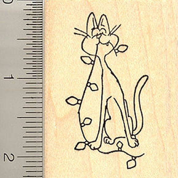 Cat with Christmas Lights Rubber Stamp