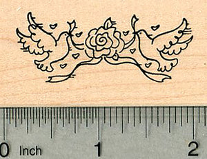 Wedding Rubber Stamp, Dove pair with Floral Garland and Hearts