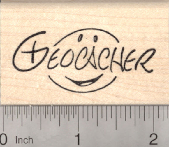 Geocacher Geocaching Rubber Stamp, with Smiley