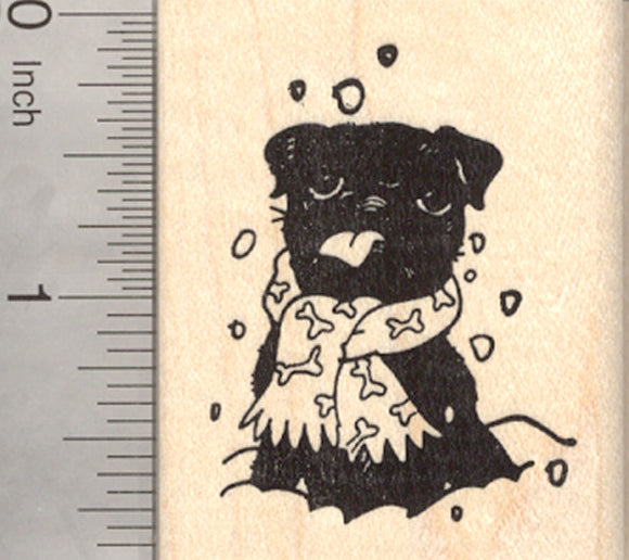 Holiday Black Pug Dog Rubber Stamp, Catching Falling Snow on Tongue