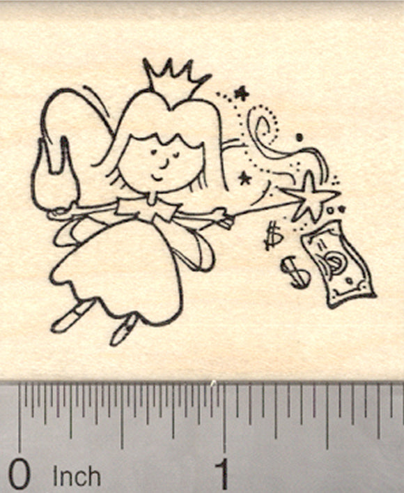Tooth Fairy Rubber Stamp, with Tooth, Wand, Crown, and Cash