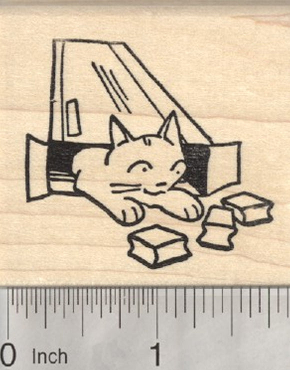 Cat Rubber Stamp, Playing in Shipping Box