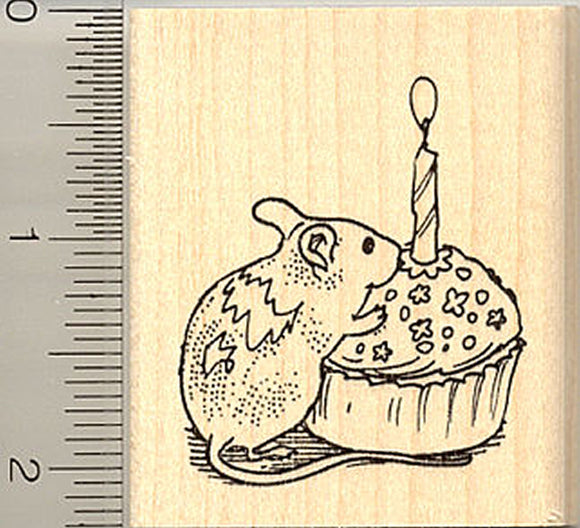 Mouse with Birthday Cupcake Rubber Stamp
