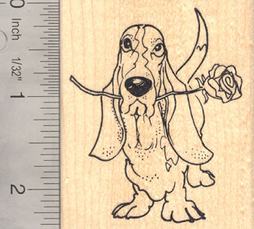 Basset Hound Dog with Rose, Valentine's Day Rubber Stamp