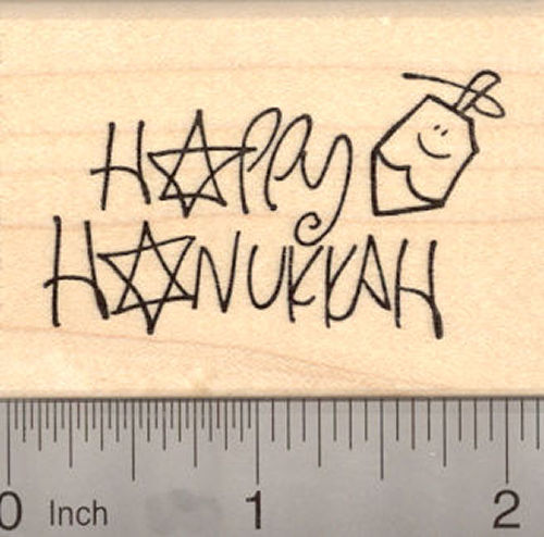 Happy Hanukkah with Dreidel Rubber Stamp, Chanukah Festival of Lights