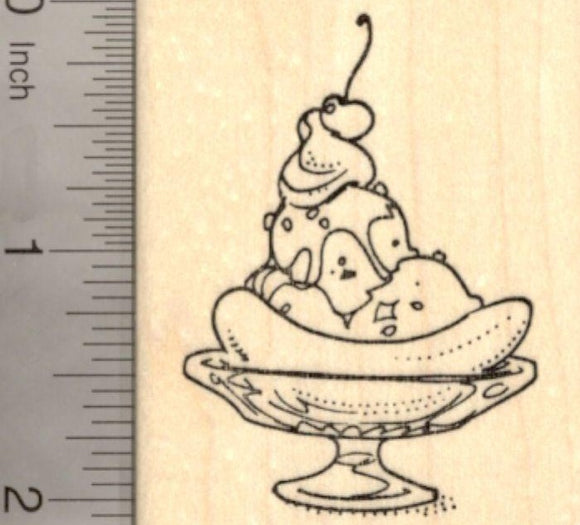 Banana Ice Cream Split Rubber Stamp, Sundae Dessert