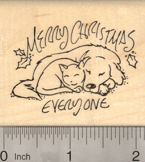 Merry Christmas Cat and Dog Rubber Stamp, Holiday Greeting