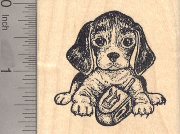 Hanukkah Beagle Rubber Stamp, Dog with Dreidel