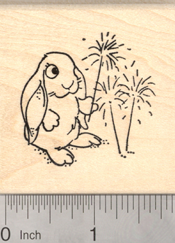 Rabbit July 4th Rubber Stamp, Independence Day Fireworks, Bunny with Sparklers