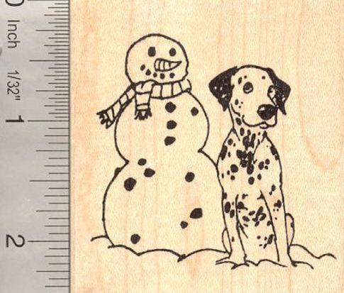 Dalmatian Dog with Snowman Rubber Stamp