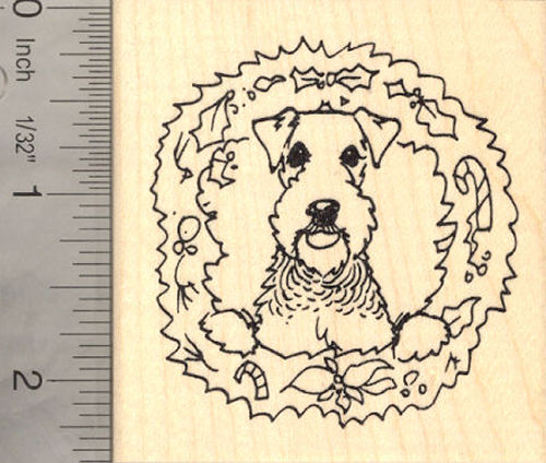 Airedale Terrier Dog in Christmas Wreath Rubber Stamp