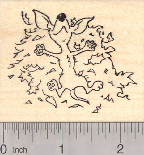 Chihuahua Dog Rolling in Autumn Leaves, Thanksgiving Rubber Stamp