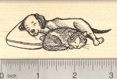 Cat and Dog Napping Together Rubber Stamp, Friendship and Peace Themed