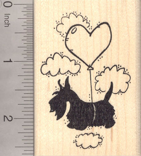 Valentine's Day Scottish Terrier Dog Rubber Stamp, with Heart Balloon