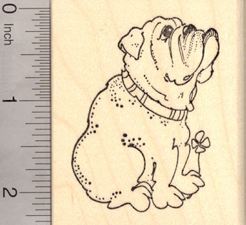St. Patrick's Day Bulldog with Lucky Four Leaf Clover, Dog Rubber Stamp
