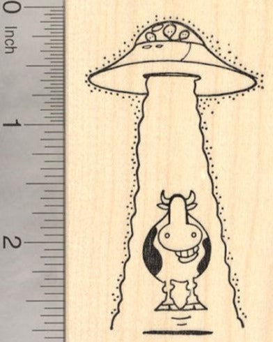 Alien Abduction Grinning Cow Rubber Stamp