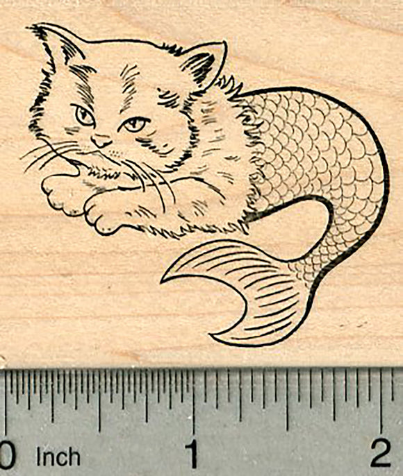 Merkitty, Cat Mermaid Rubber Stamp, Grumpy