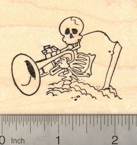 Halloween Skeleton Rubber Stamp, Playing Trumpet to Wake the Dead from his Grave, Day of the Dead