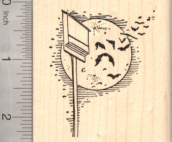Bat House Rubber Stamp, with Full Moon and Bats