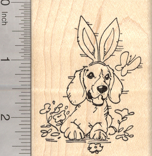 Easter Beagle Dog Rubber Stamp, with Bunny Ears and Butterfly