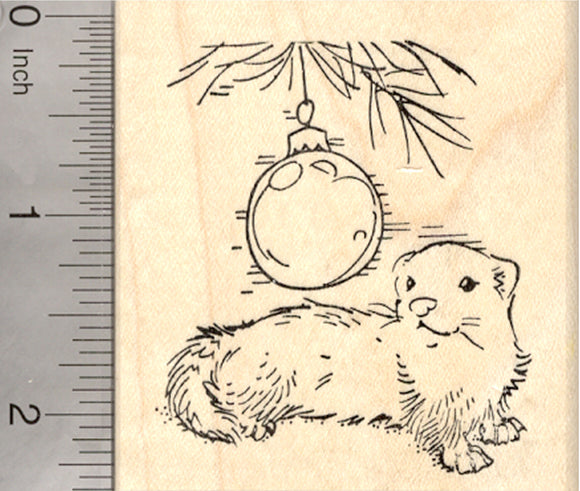 Christmas Ferret Rubber Stamp, with Holiday Ornament