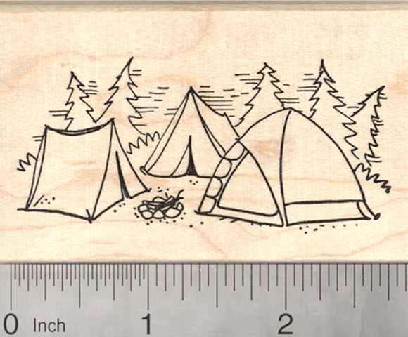 Campsite Rubber Stamp, Tents, Campfire, Camping in the Forest