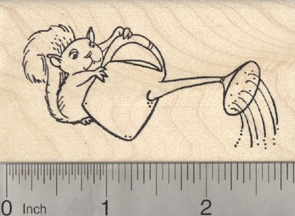 Garden Squirrel Rubber Stamp, with Watering Can