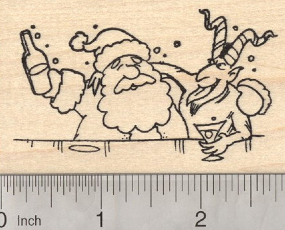 Christmas Krampus Rubber Stamp, Having drinks with Santa Claus