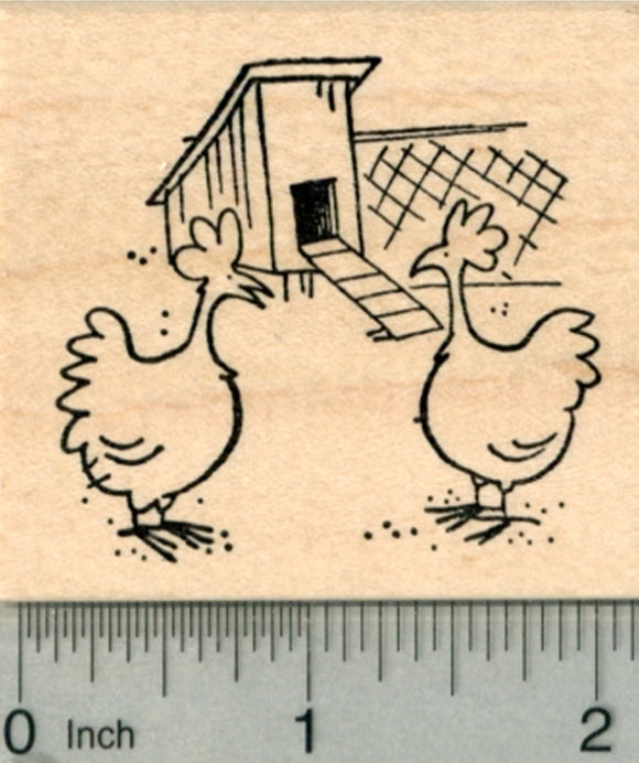 Chicken Coop Rubber Stamp, Hens in Barnyard