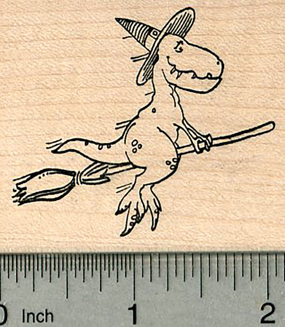 Dinosaur Witch Rubber Stamp, Halloween T-Rex on Broom