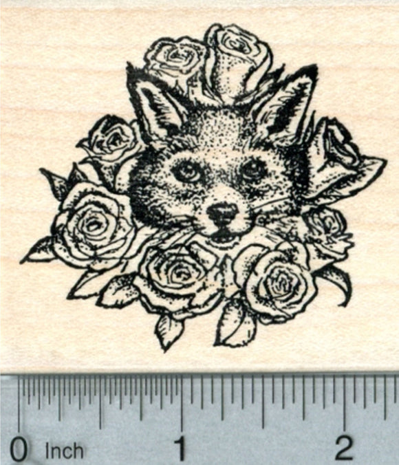 Valentine's Day Fox Rubber Stamp, with Roses