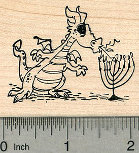 Hanukkah Dragon Rubber Stamp, Lighting a Menorah