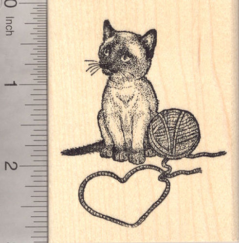 Valentine's Day Siamese Cat Rubber Stamp, Kitten with Yarn